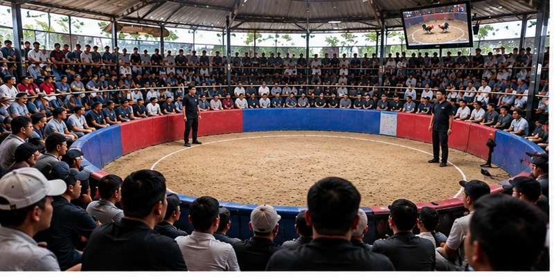 Crowded arena surrounds roosters before a scheduled 17hhyy Cockfighting match begins.