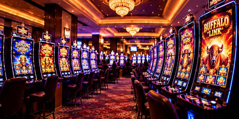 Modern slot machines illuminate a spacious casino floor with vivid displays.