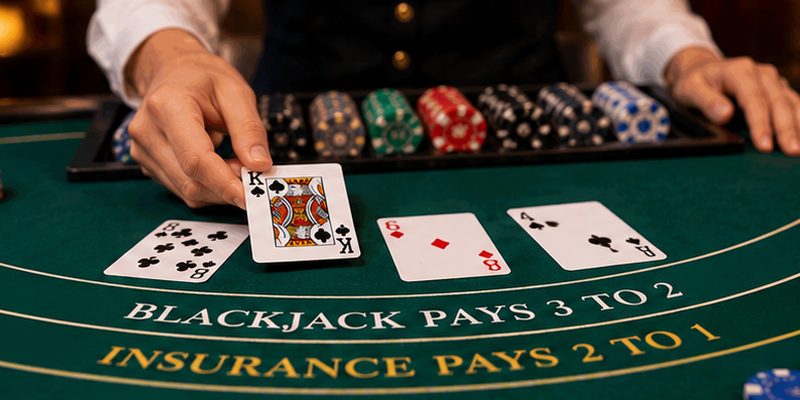 Blackjack dealer distributes cards across a realistic green casino table carefully.