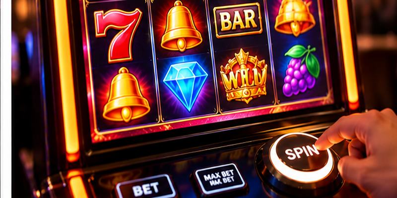 Player presses the glowing spin button beside colorful slot machine reels