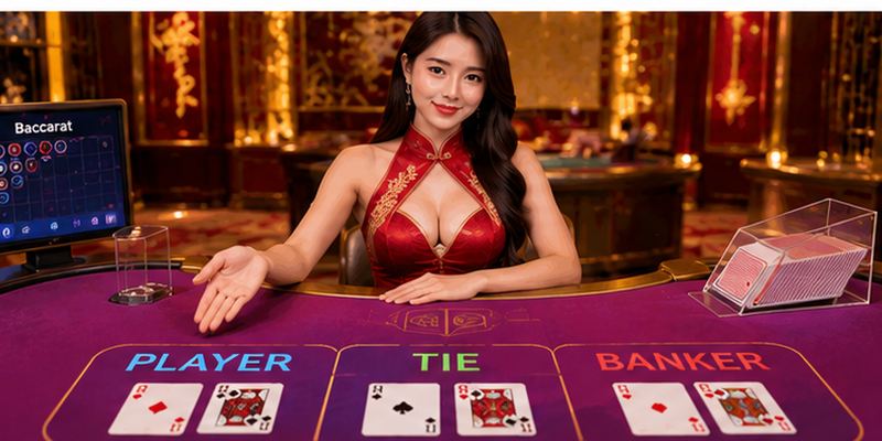 Baccarat dealer manages live table beneath warm lights inside casino hall.