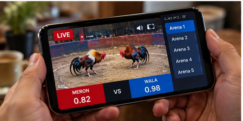 Mobile screen shows live cockfighting information beside current arena event data.