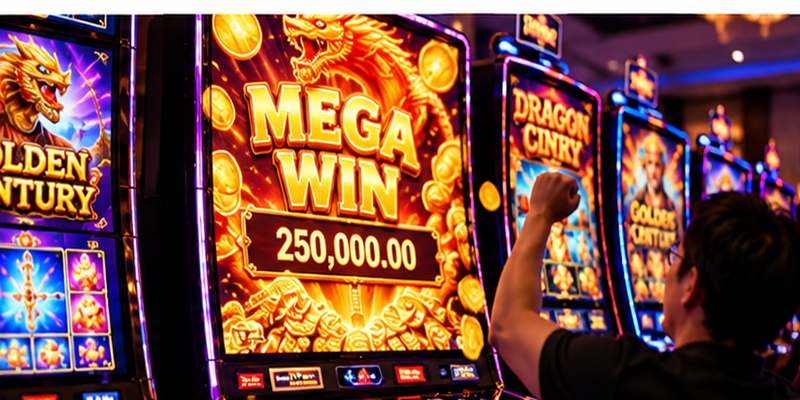 Casino visitor celebrates a jackpot win beside brightly illuminated slot machines.